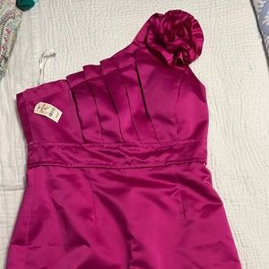 Phoebe Couture Satin One Shoulder Flower Pleated Cocktail Dress Fuchsia Sz12 NWT